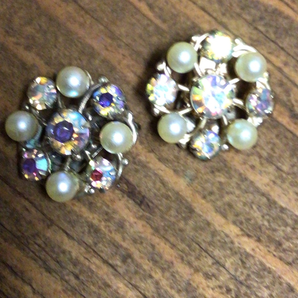 Pearl and AB Crystal Clip-On Earrings in gold tone